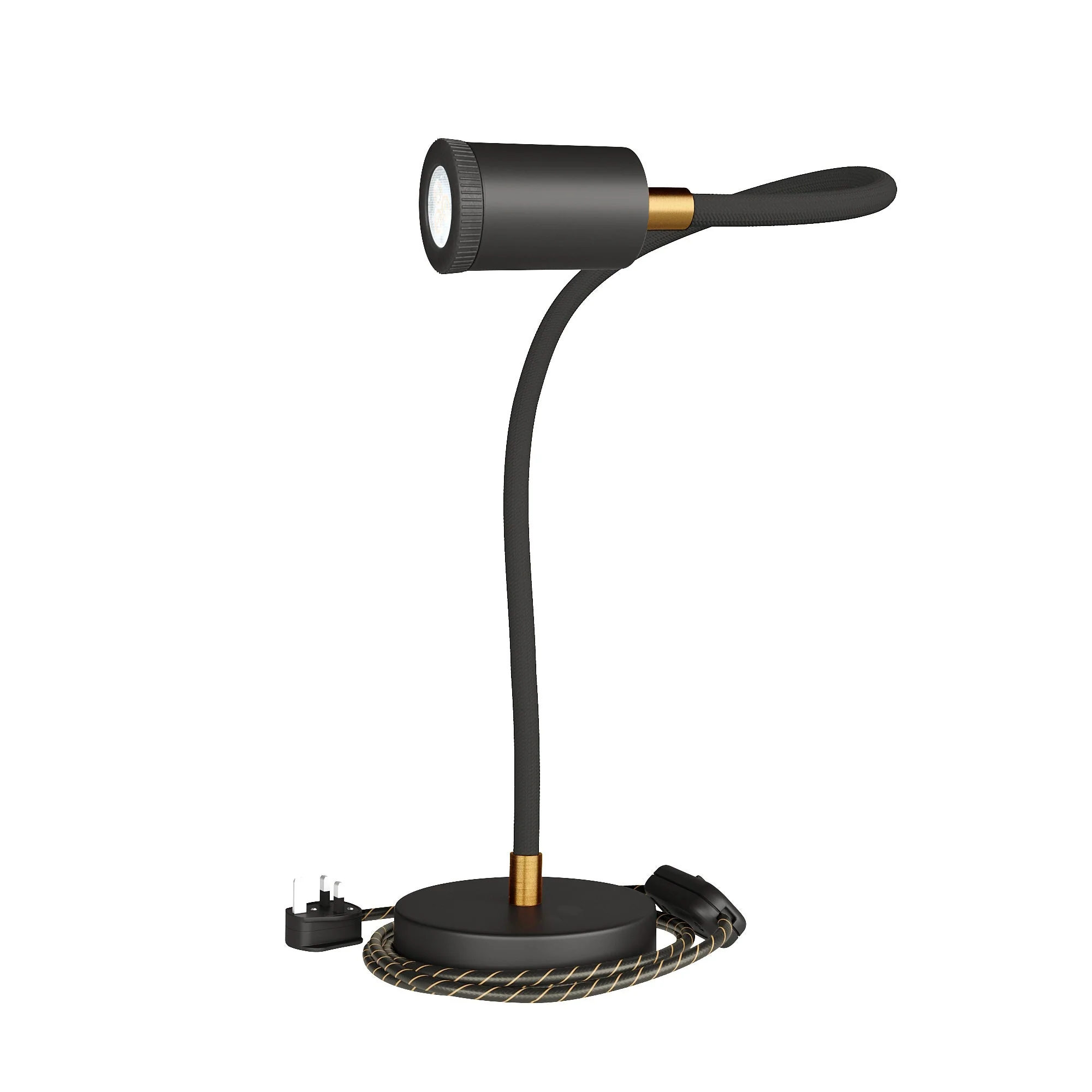 Tischleuchte Flex GU1d0 – flexible Schreibtischlampe mit Mini-LED-Spot und UK-Stecker – Schwarz