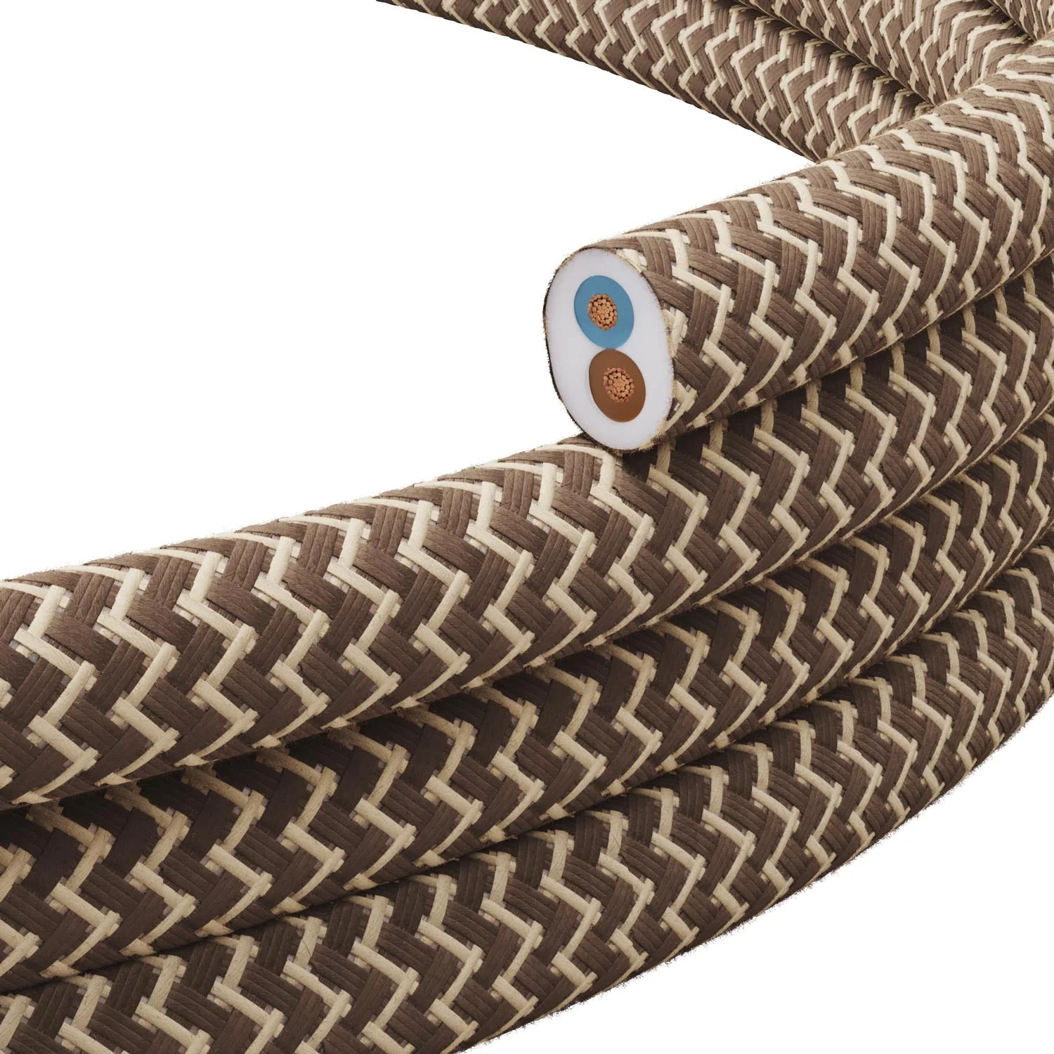 Textilkabel flach Leinen Corteccia und Beige Zickzack - PD73
