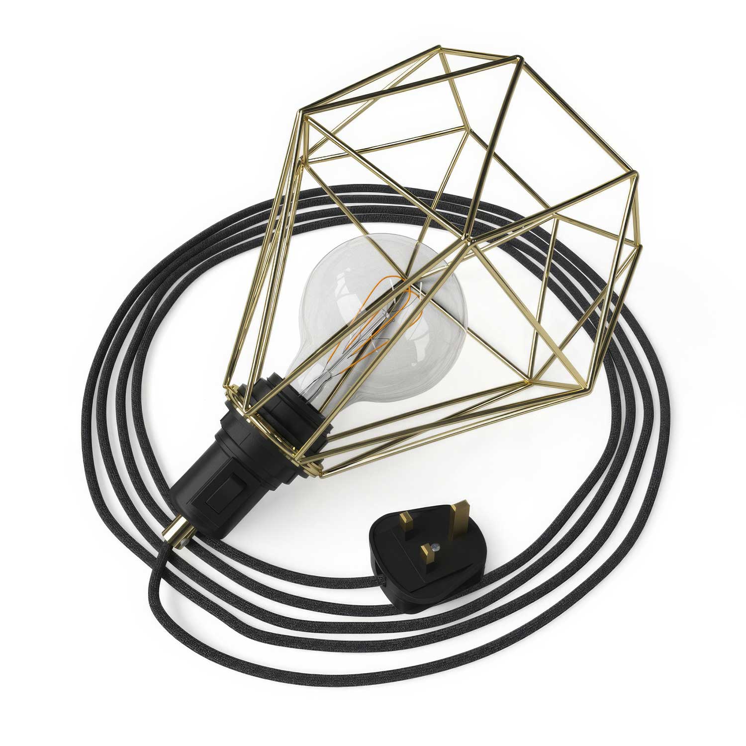 Table Snake – Plug-in-Lampe mit UK-Stecker und Diamond-Käfigschirm – Messing