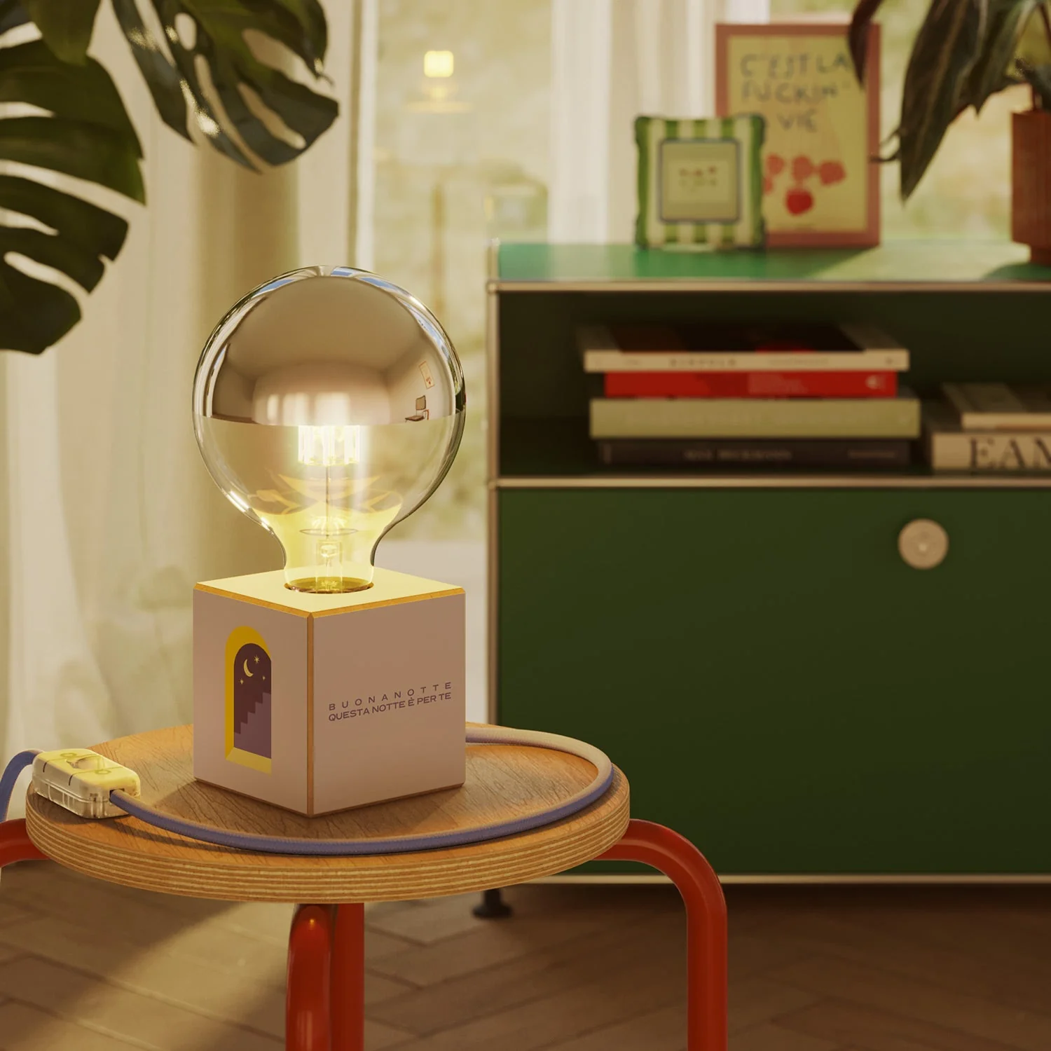 Tischlampe Cubetto „Buonanotte fiorellino“ mit Glühbirnen-Globe, halbverspiegelte Silberkugel - Santomanifesto - Image 2