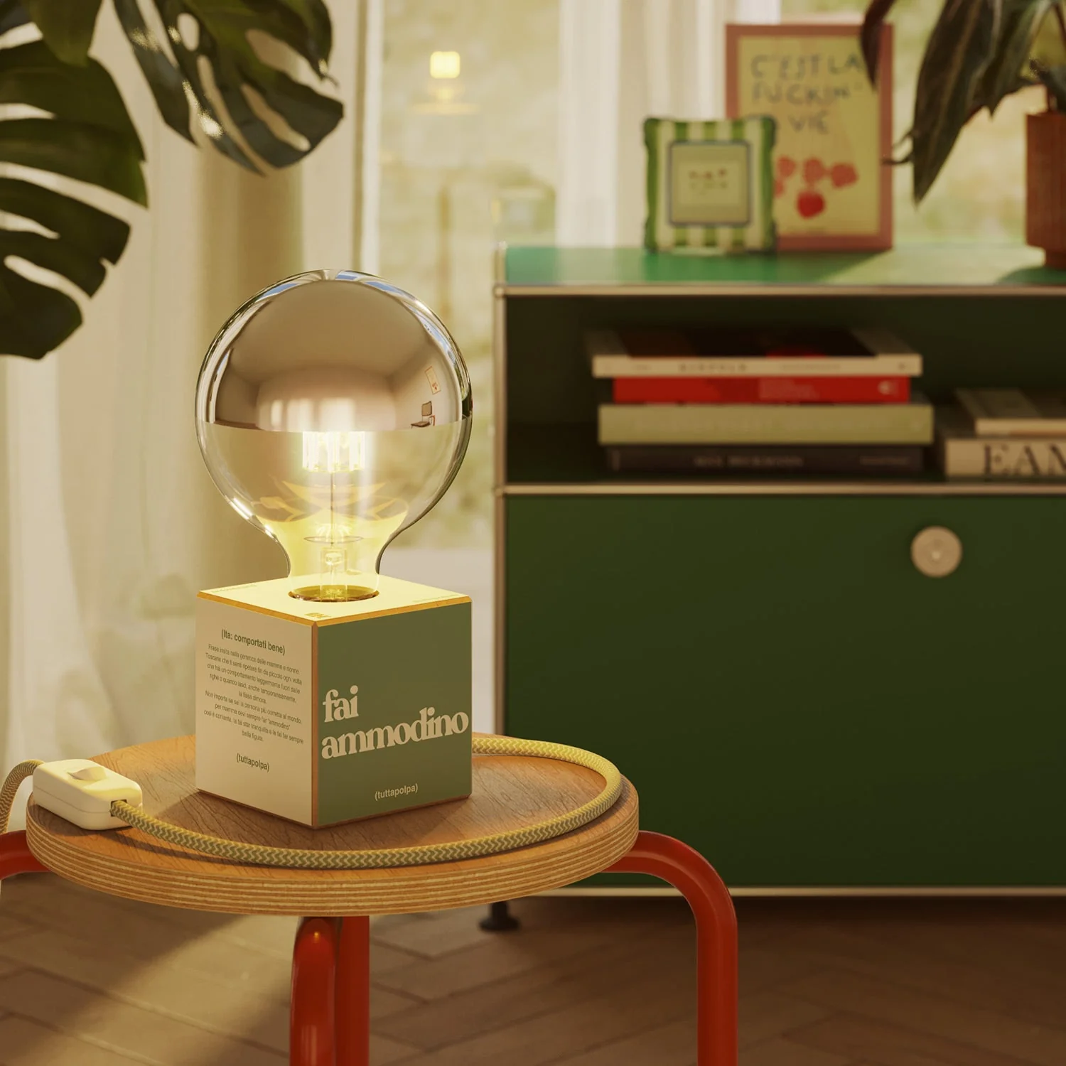 Tischlampe Cubetto "Fai ammodino" mit englischem Stecker und Glühbirne Globus halb Kugel Silber - Tuttapolpa - Image 2