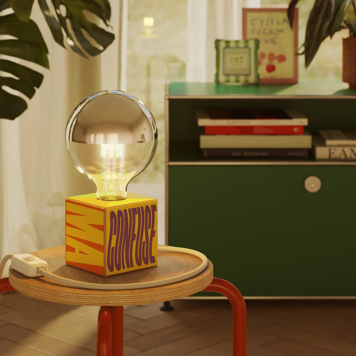 Tischlampe Cubetto "Poche idee ma confuse" mit englischem Stecker und Glühbirne Globus halb Kugel Silber - Santomanifesto - Image 2
