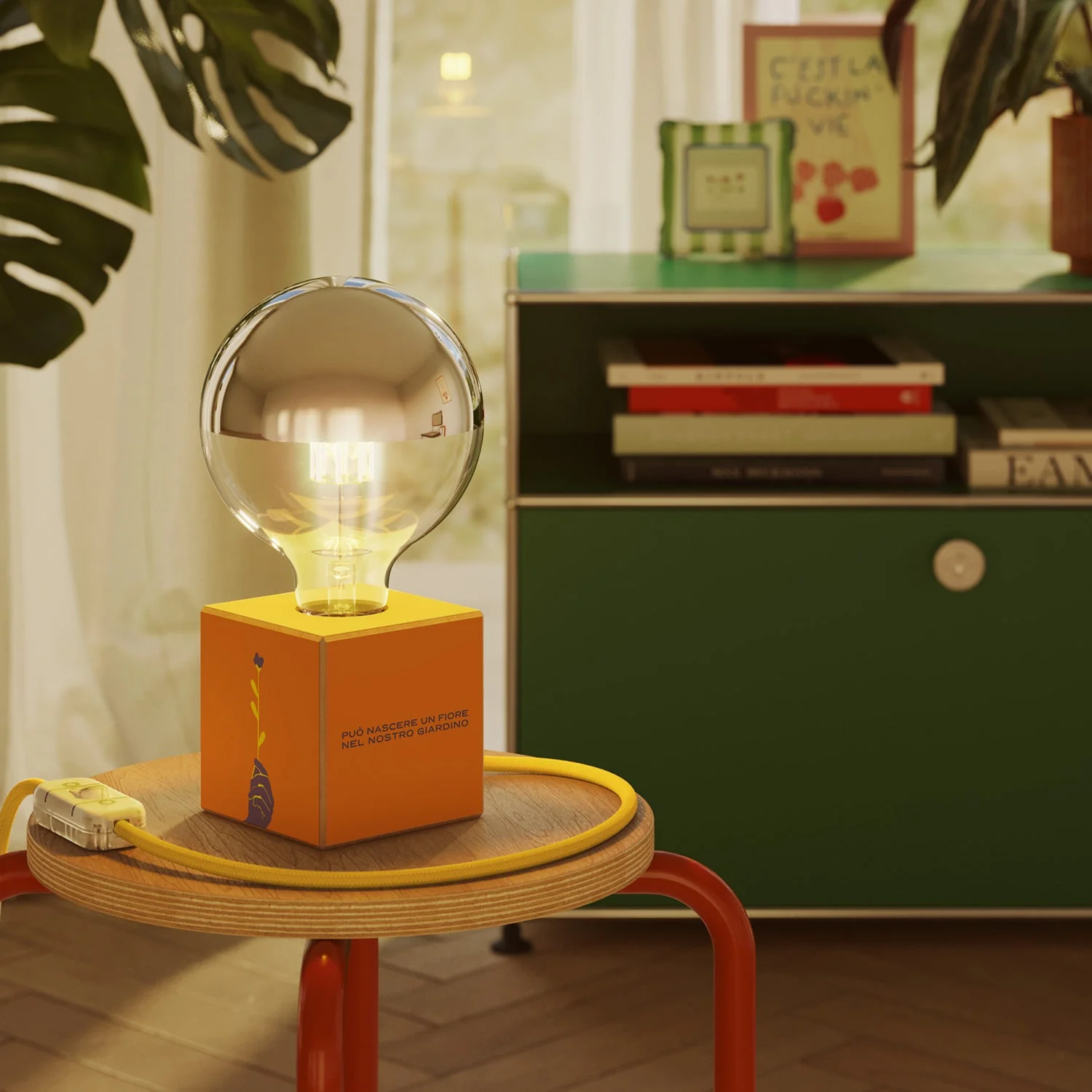 Tischlampe Cubetto „Può nascere un fiore“ mit Glühbirne Globe mit silberner Halbkugel - Santomanifesto - Image 2