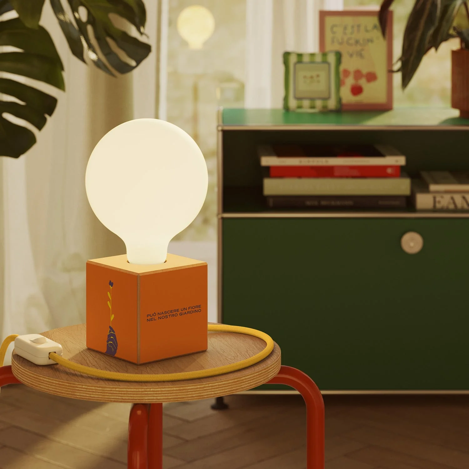 Tischlampe Cubetto „Può nascere un fiore“ mit englischem Stecker und Glühbirne in Globusform mit Porzellan-Effekt – Santomanifesto - Image 2
