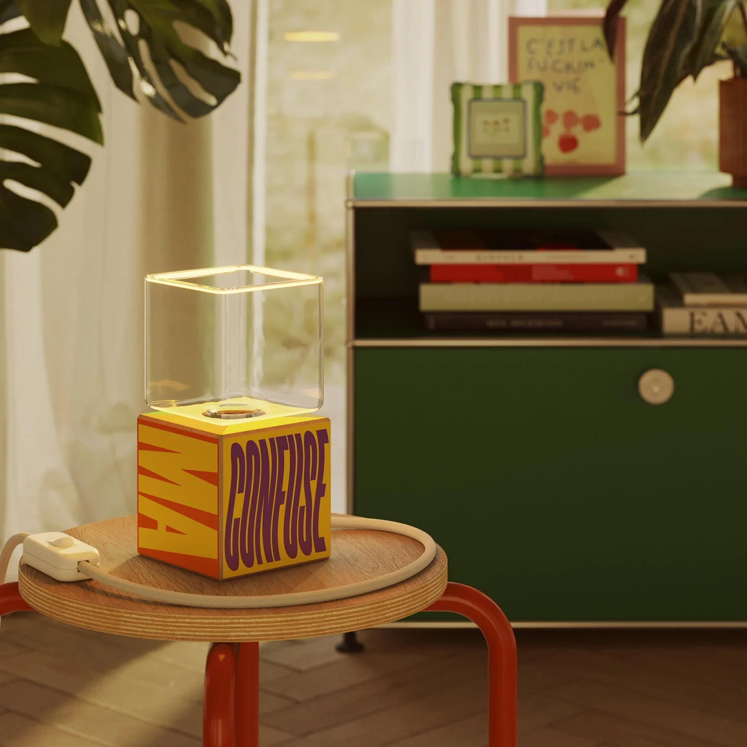 Tischlampe Cubetto „Poche idee ma confuse“ mit englischem Stecker und Ghost-Glühbirne - Santomanifesto - Image 2