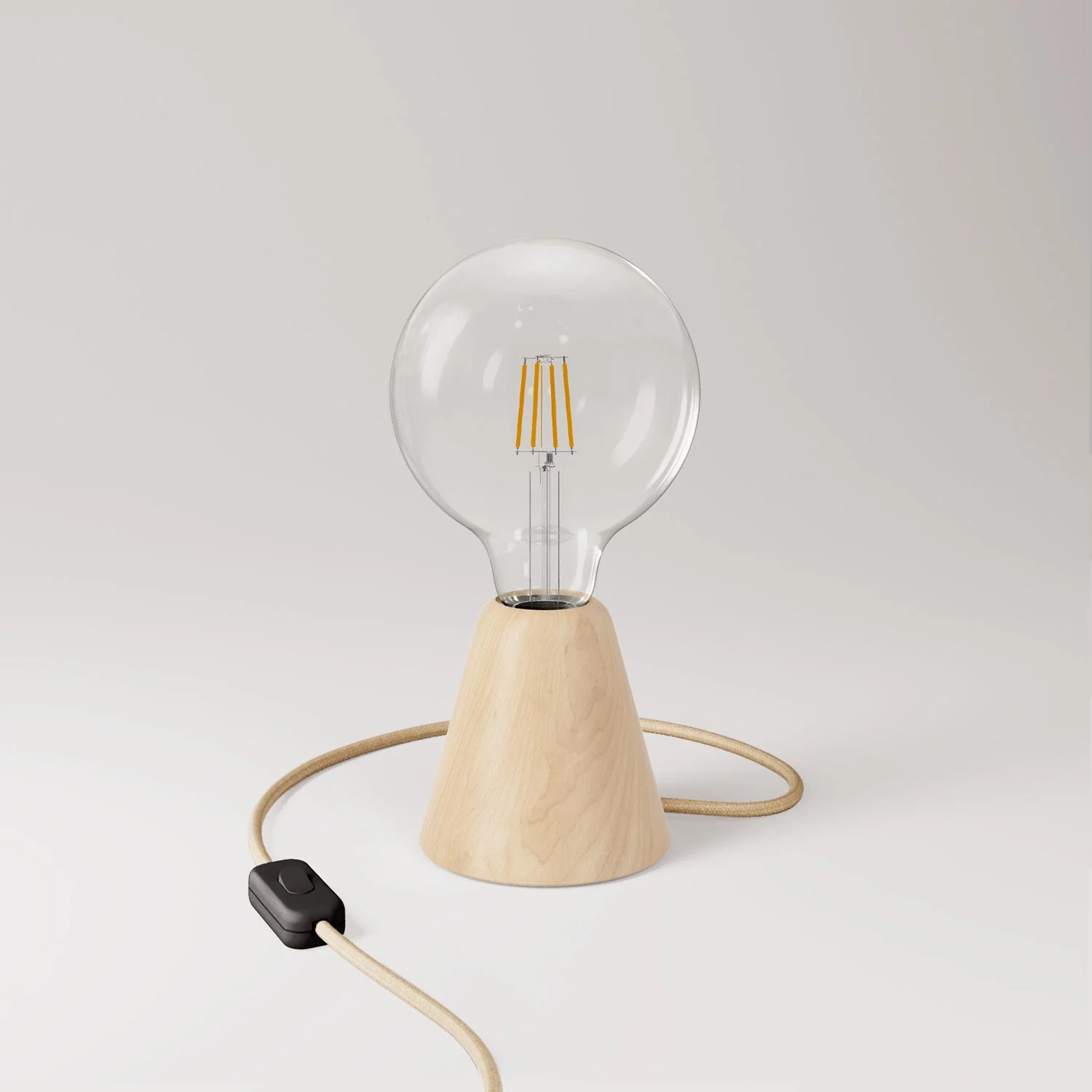 Tischleuchte mit Erlenholz-Sockel, klarer Glühbirne, Kabel RN06 und UK-Stecker
