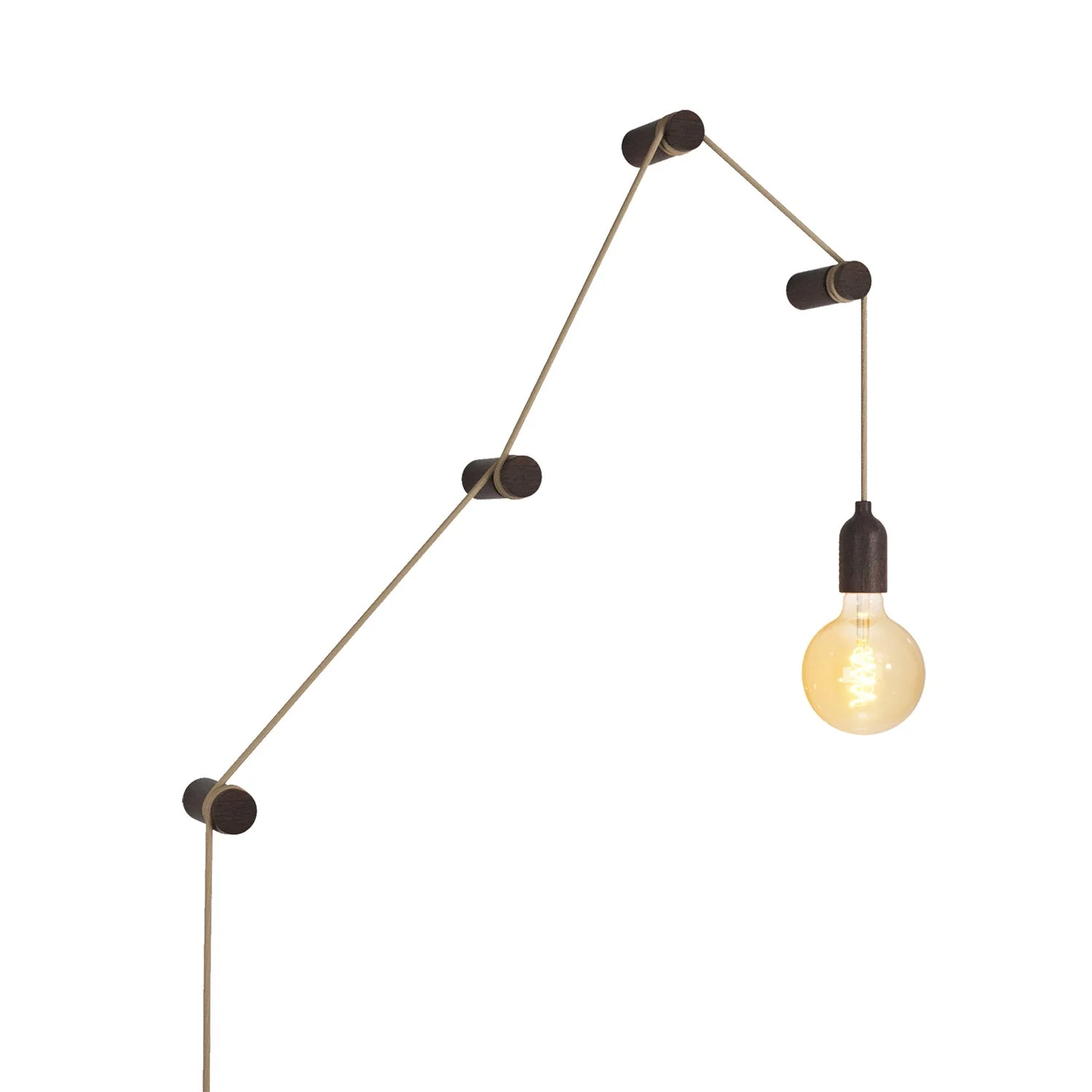 Tragbare Snake-Lampe mit Holzfassung und Stecker, komplett mit 4 Rolé-Holzkabeldurchführungen – Wengé-Effekt
