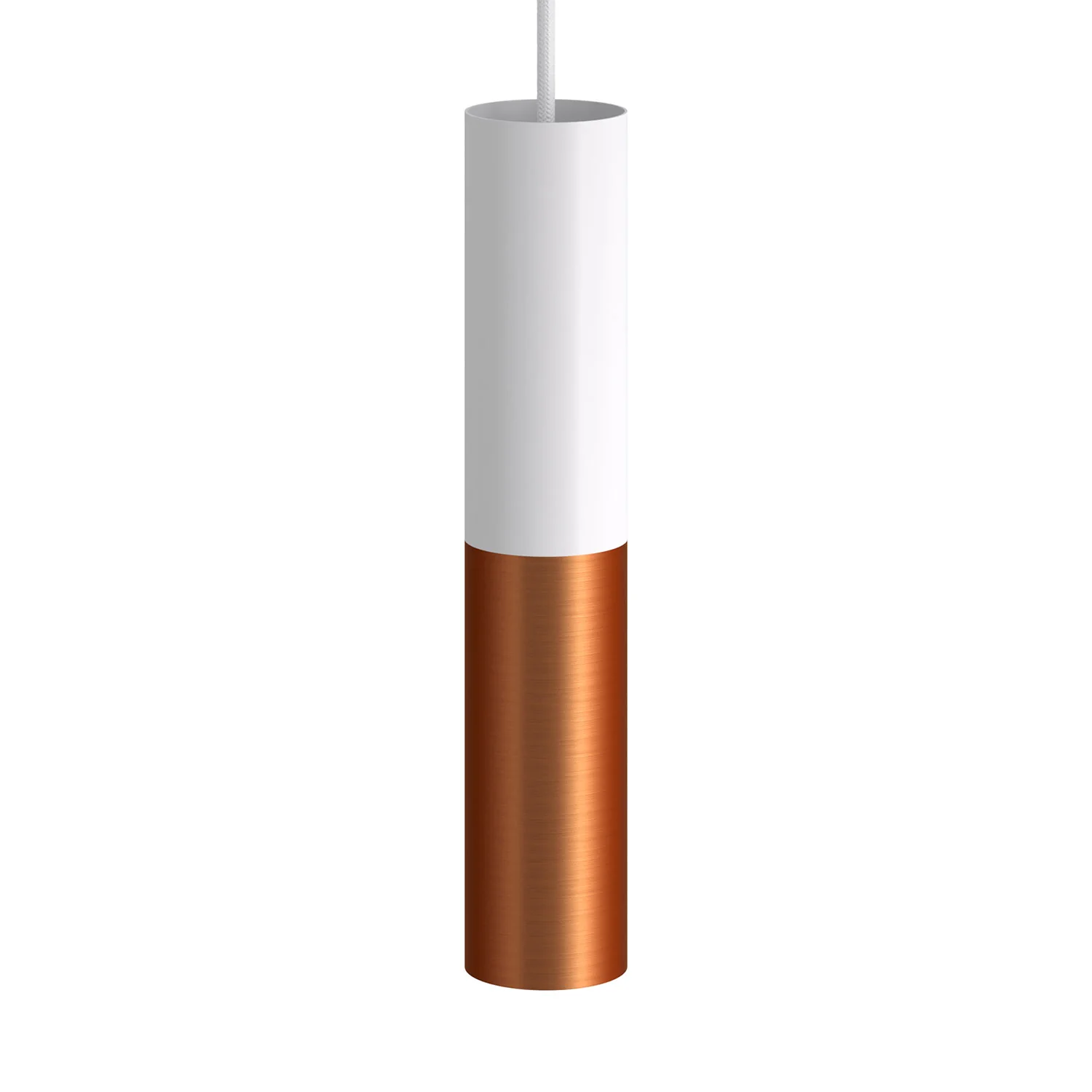 Tub-E12, doppeltes Spotlight-Metallrohr, mit zwei E12-Fassungsringen – Mattweiß und Gebürstetes Kupfer