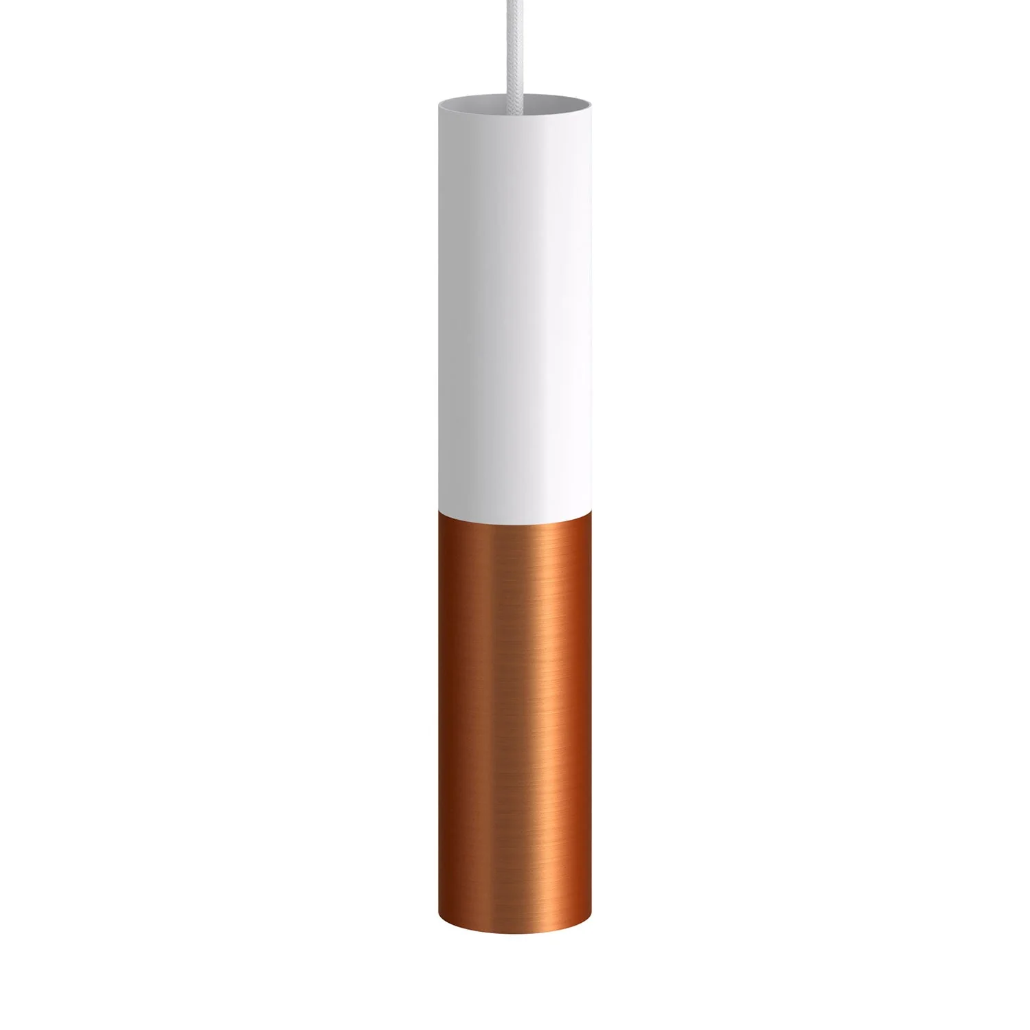 Tub-E14: Doppeltes Metallrohr für Spot mit Doppelring-E14-Lampenfassung – Mattweiß und Satiniertes Kupfer