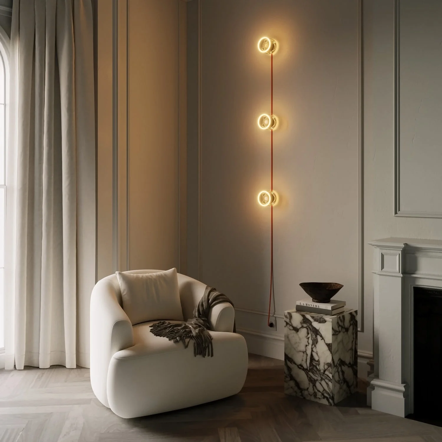 Wandleuchte Spostaluce mit Stecker, 3 Ghost-Glühbirnen und orangem Kabel - Image 2