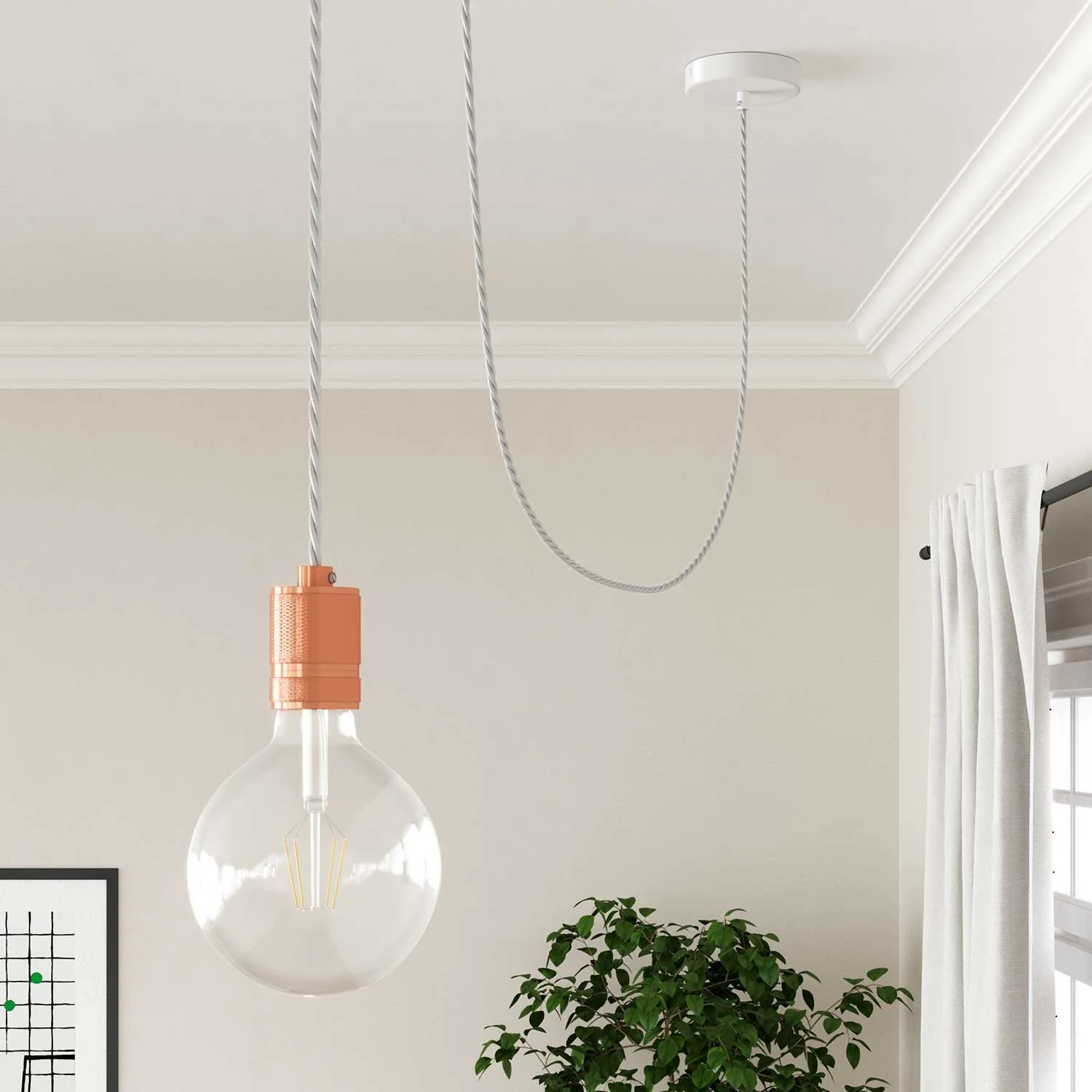 Weißes, mit Baumwolle ummanteltes, geflochtenes Stromkabel – TC01 - Image 3