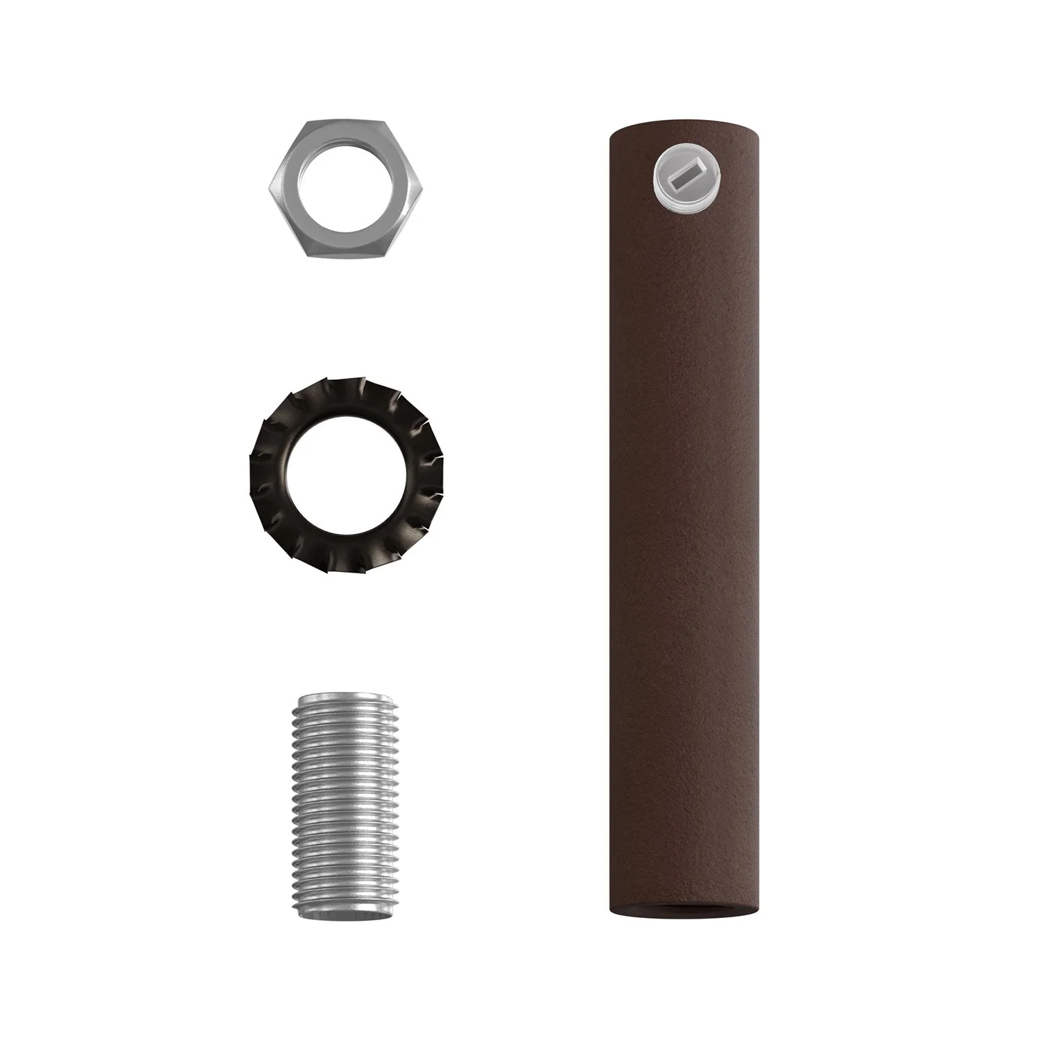 Zylindrische Kabelzugentlastung aus Metall, Länge 7 cm, mit Gewindestange, Mutter und Unterlegscheibe – Dunkelrost lackiert - Image 4