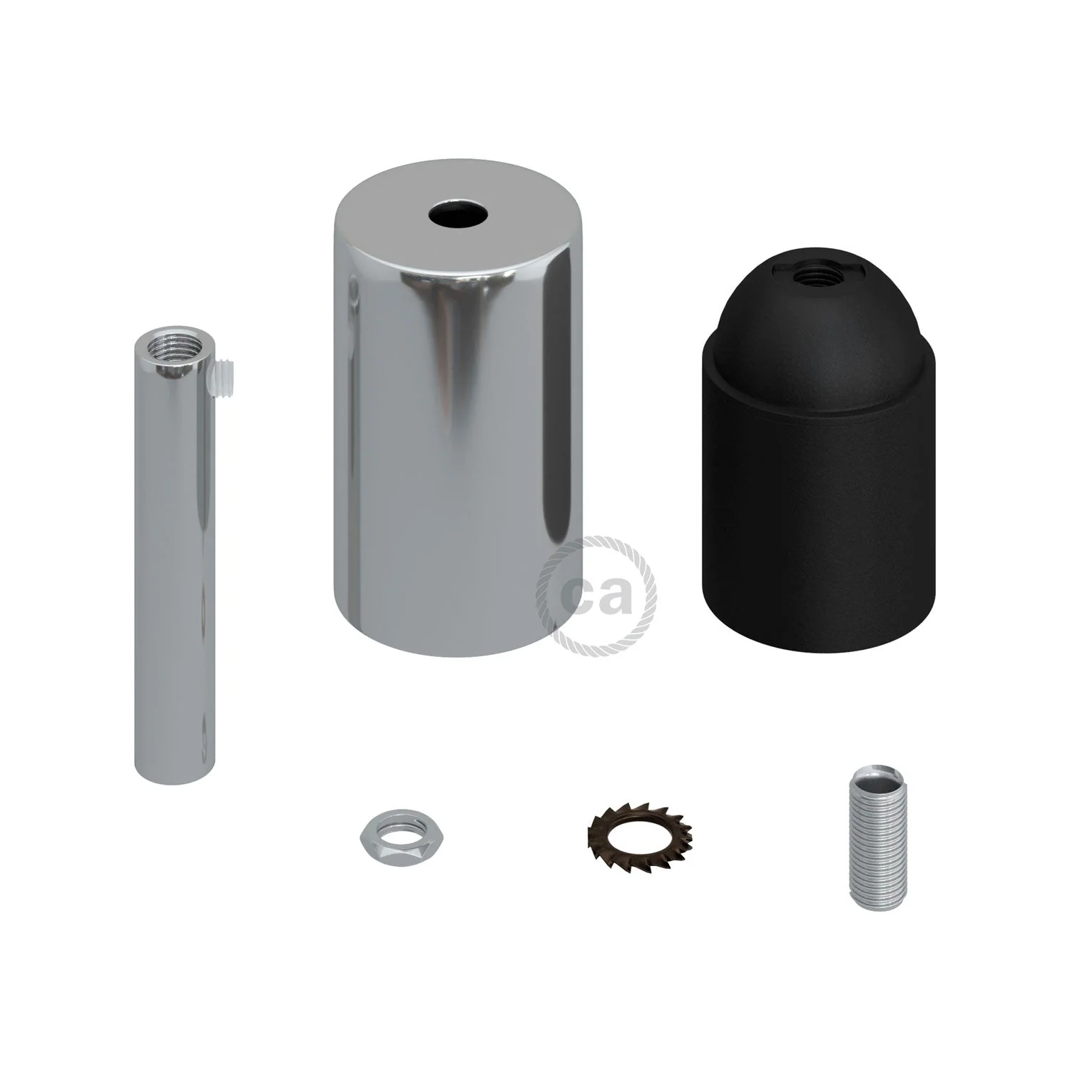 Zylindrisches Metall-Lampenfassungs-Kit UL E26 mit 7 cm Kabelzugentlastung - Chrom - Image 2